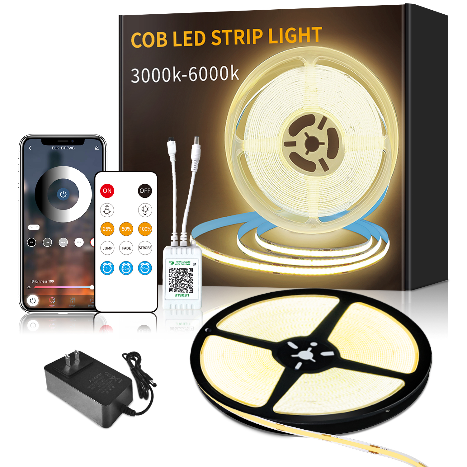 COB LED Strip Light DC 24V Adjustable Light Warm White Flexible LED Rope Light For Bedroom, With Remote Control And Application Control LED Strip For Living Room, Shelves, Cabinets