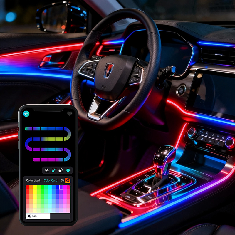 Automotive ambient lighting, interior trunk lighting, concealed LED lights, flowing RGB iridescent interior ambient lighting