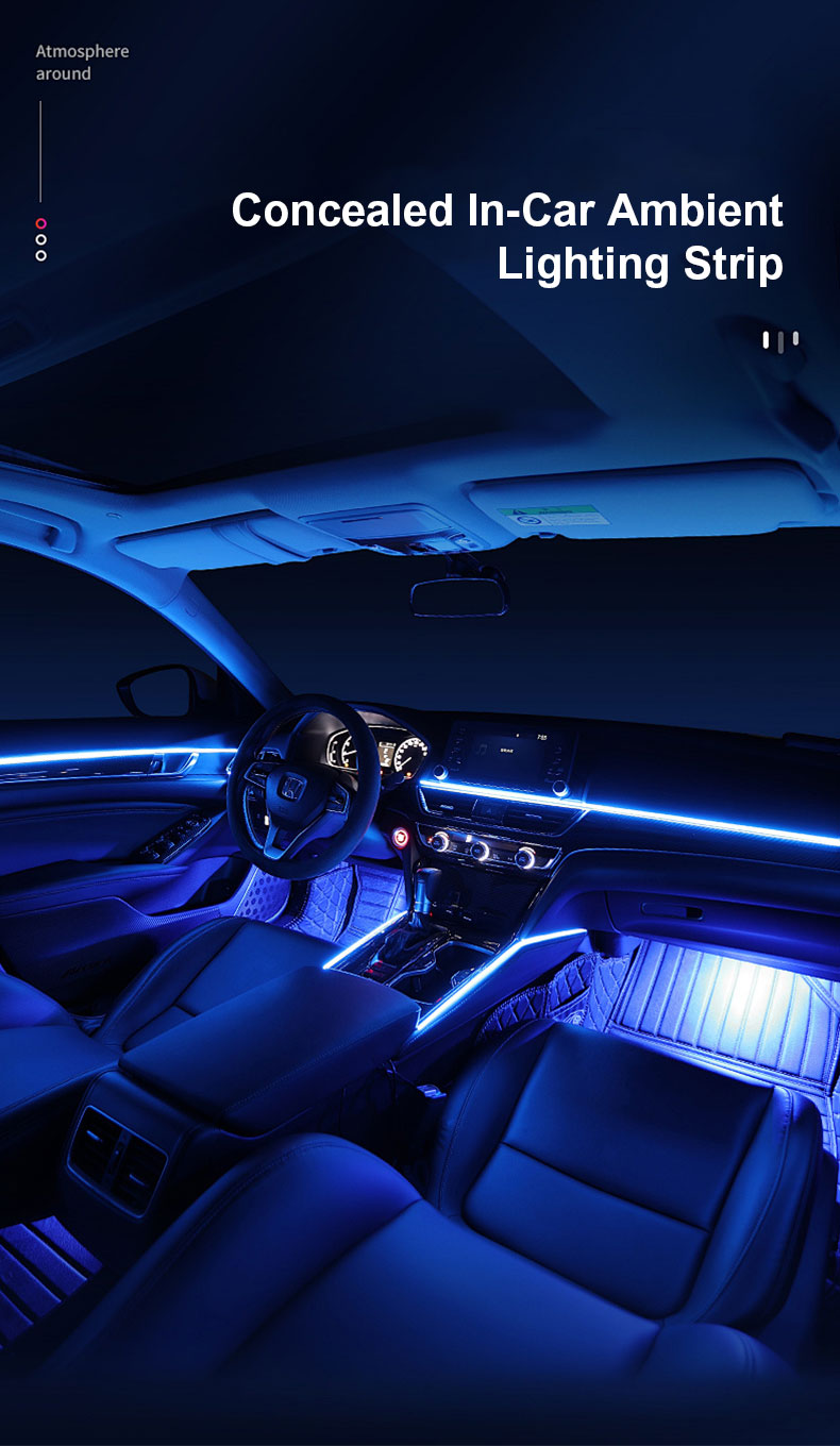 Automotive ambient lighting, interior trunk lighting, concealed LED lights, flowing RGB iridescent interior ambient lighting