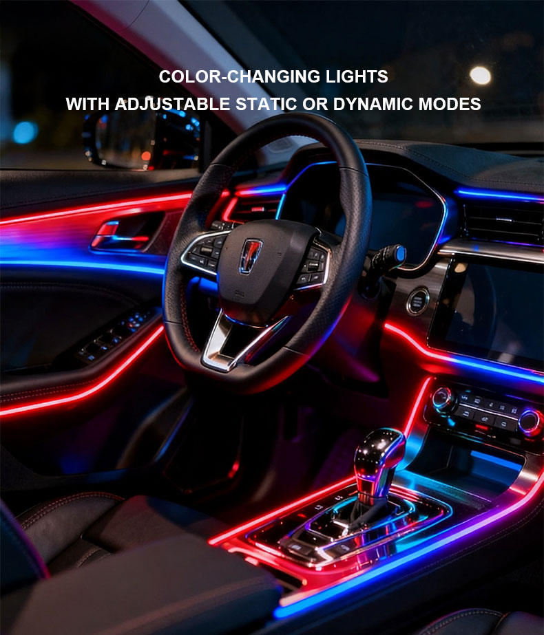 Automotive ambient lighting, interior trunk lighting, concealed LED lights, flowing RGB iridescent interior ambient lighting