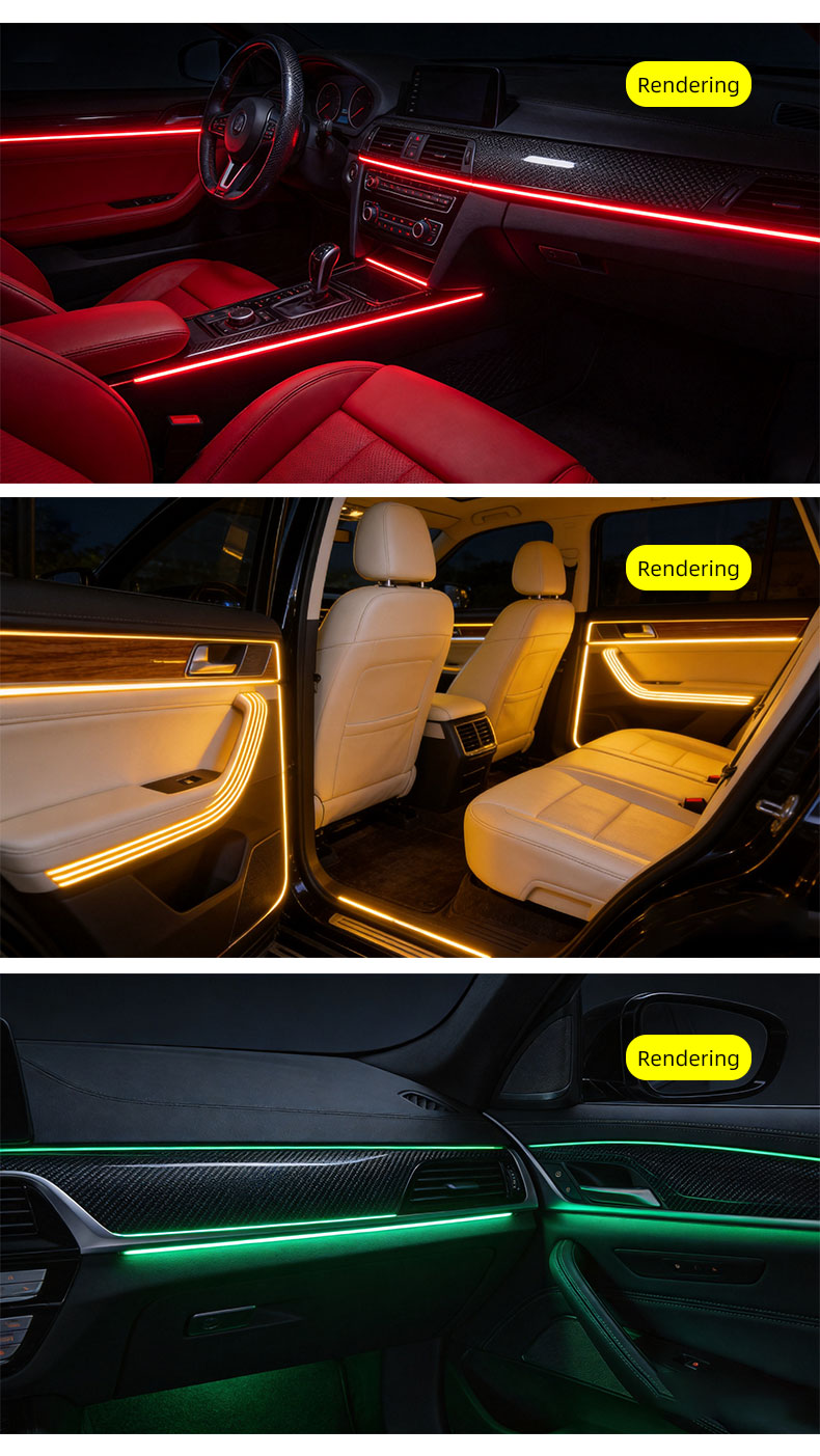 Automotive ambient lighting, interior trunk lighting, concealed LED lights, flowing RGB iridescent interior ambient lighting