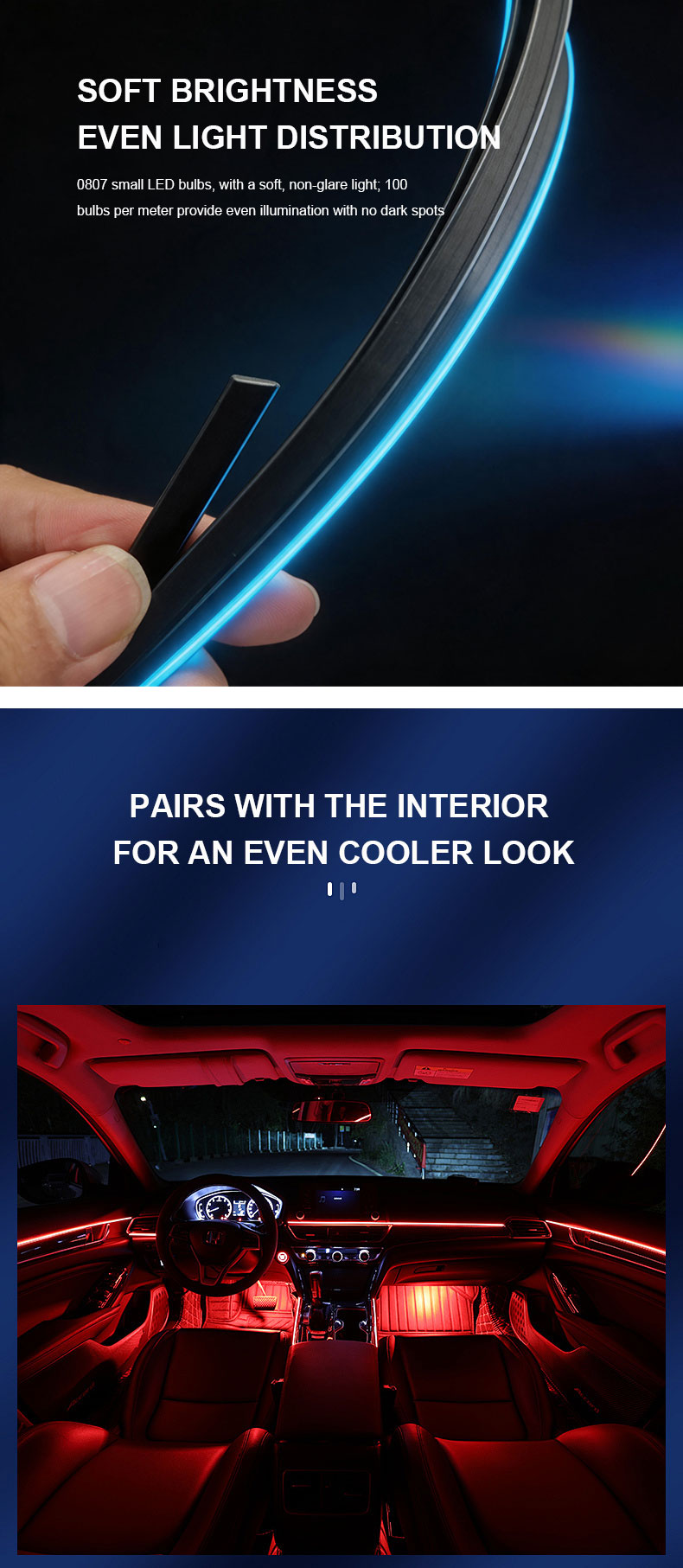 Automotive ambient lighting, interior trunk lighting, concealed LED lights, flowing RGB iridescent interior ambient lighting