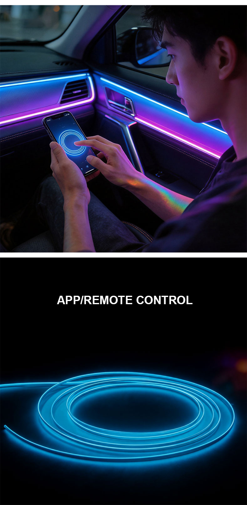 Automotive ambient lighting, interior trunk lighting, concealed LED lights, flowing RGB iridescent interior ambient lighting