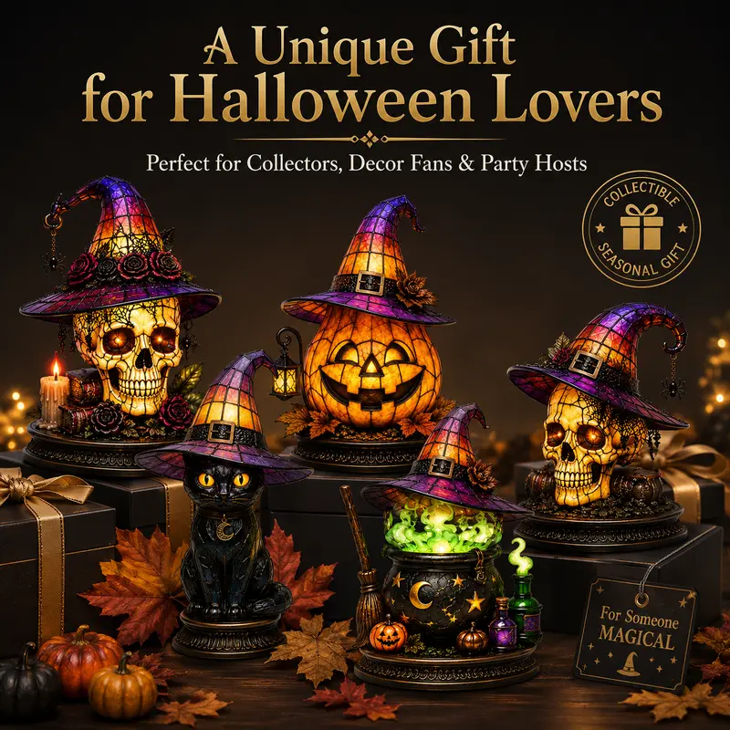 Buy 2 FREE SHIPPING 🎃💀🦇🐱🦉👻Stained Witch Hat Table Lamp, Halloween Gothic Cat Skull Owl Desk Lamp, Vintage Ambient Light Decor Gift