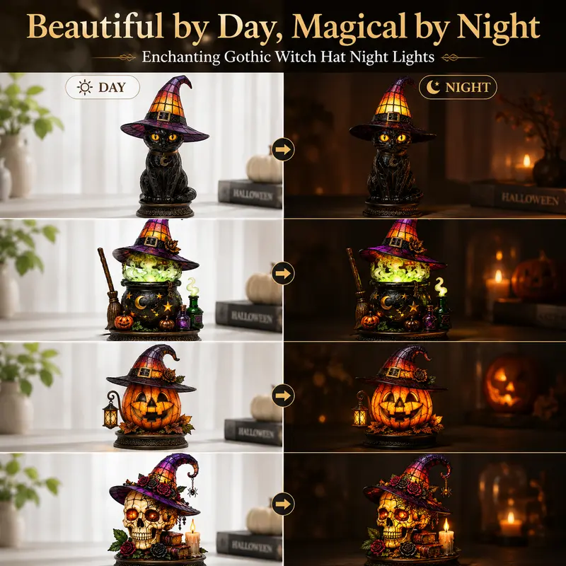 Buy 2 FREE SHIPPING 🎃💀🦇🐱🦉👻Stained Witch Hat Table Lamp, Halloween Gothic Cat Skull Owl Desk Lamp, Vintage Ambient Light Decor Gift