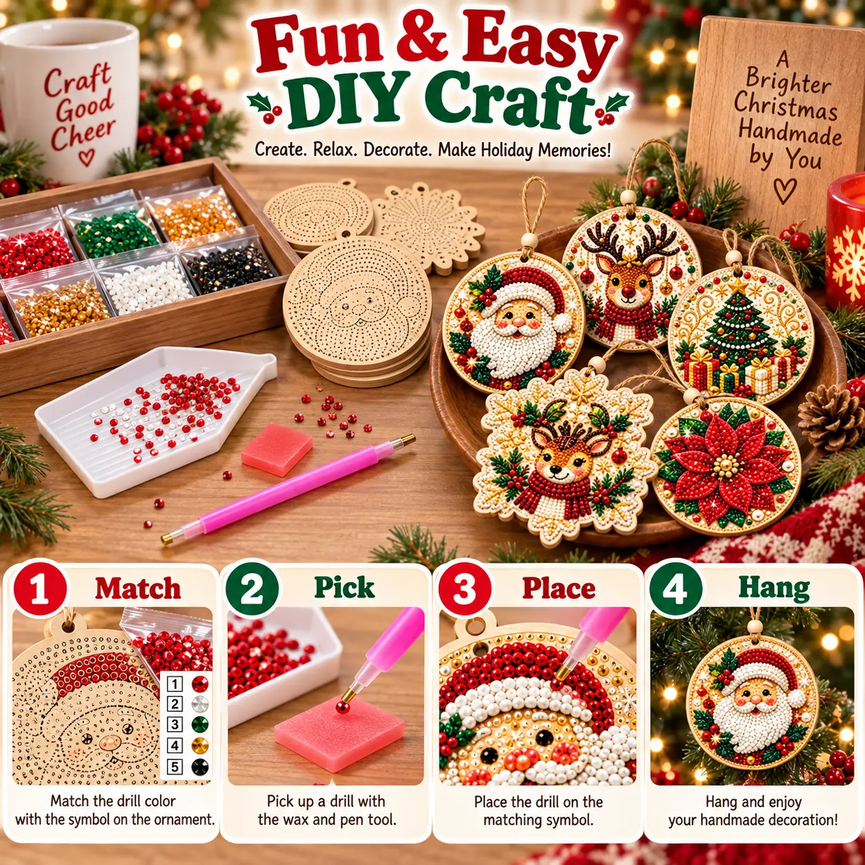 DIY Christmas Wooden Diamond Painting Ornaments
