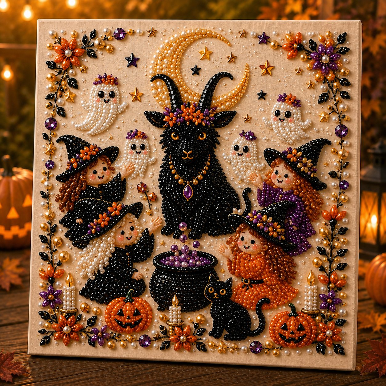 🎃👻 Premium 3D Pearl Halloween Wall Art Kit | Luxury Flocked Canvas with Scratch-Resistant Non-Fading Pearl Beads DIY Spooky Decor