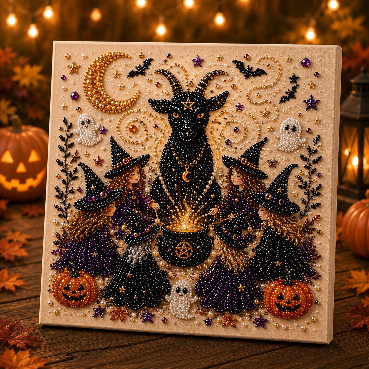 🎃👻 Premium 3D Pearl Halloween Wall Art Kit | Luxury Flocked Canvas with Scratch-Resistant Non-Fading Pearl Beads DIY Spooky Decor
