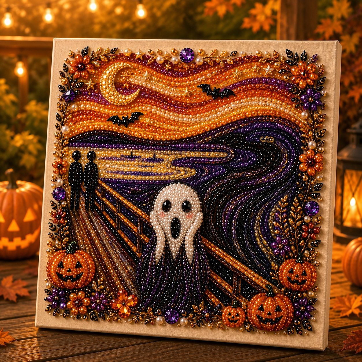 🎃👻 Premium 3D Pearl Halloween Wall Art Kit | Luxury Flocked Canvas with Scratch-Resistant Non-Fading Pearl Beads DIY Spooky Decor
