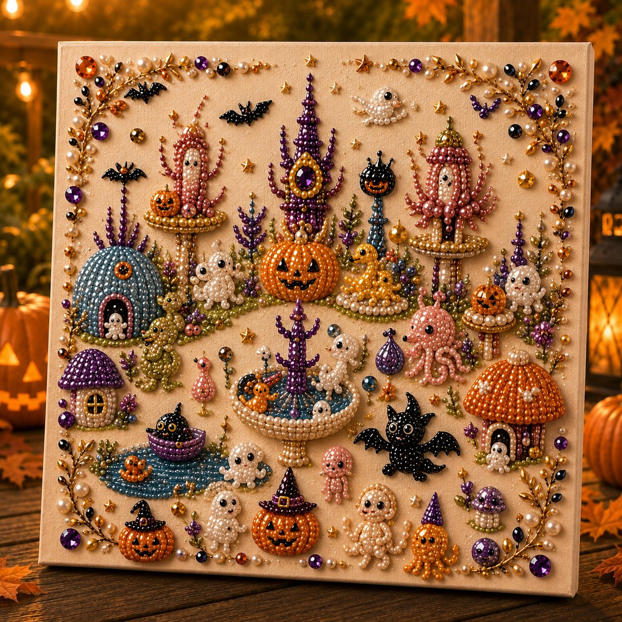 🎃👻 Premium 3D Pearl Halloween Wall Art Kit | Luxury Flocked Canvas with Scratch-Resistant Non-Fading Pearl Beads DIY Spooky Decor