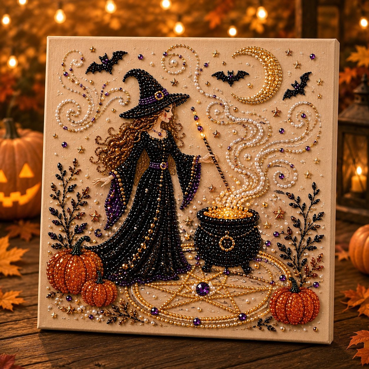 🎃👻 Premium 3D Pearl Halloween Wall Art Kit | Luxury Flocked Canvas with Scratch-Resistant Non-Fading Pearl Beads DIY Spooky Decor