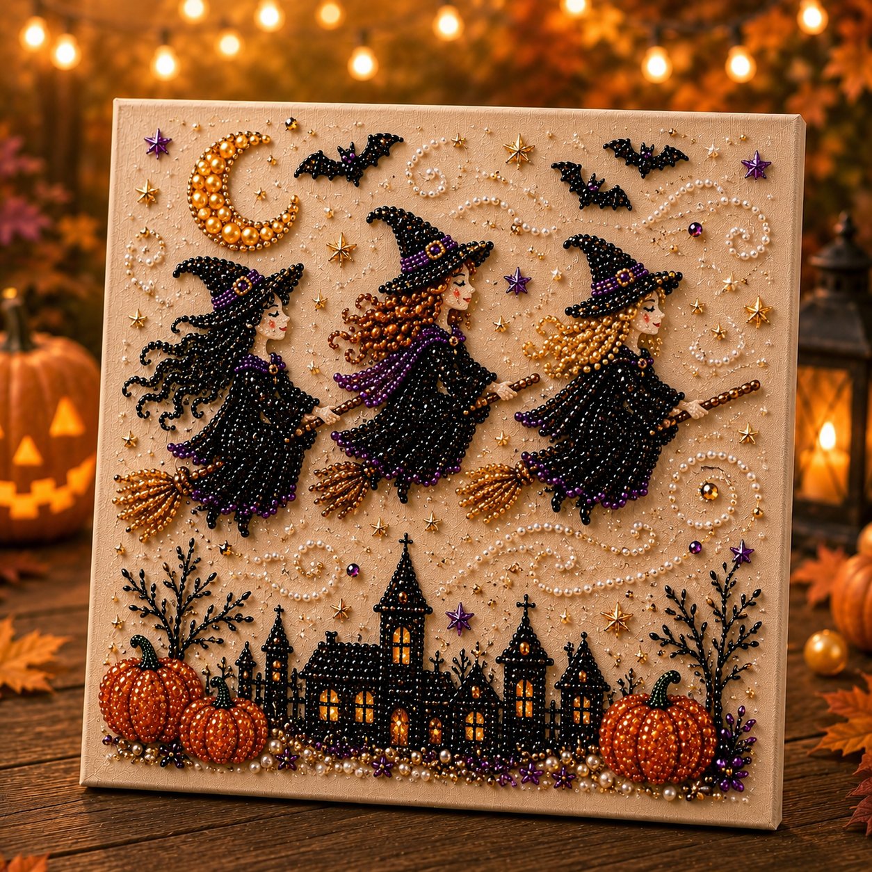 🎃👻 Premium 3D Pearl Halloween Wall Art Kit | Luxury Flocked Canvas with Scratch-Resistant Non-Fading Pearl Beads DIY Spooky Decor