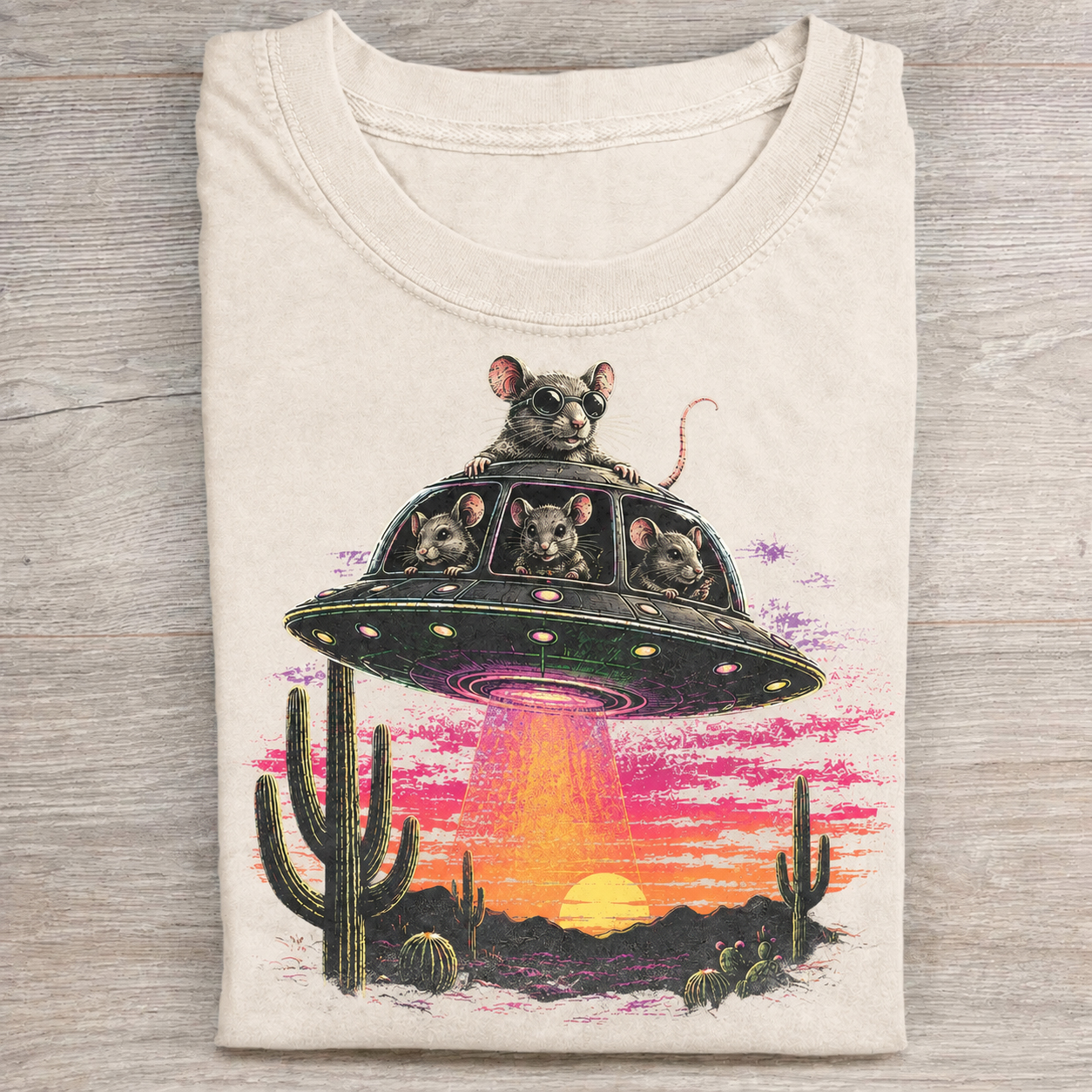 Retro UFO Mice Desert Cactus Vintage Graphic T-Shirt