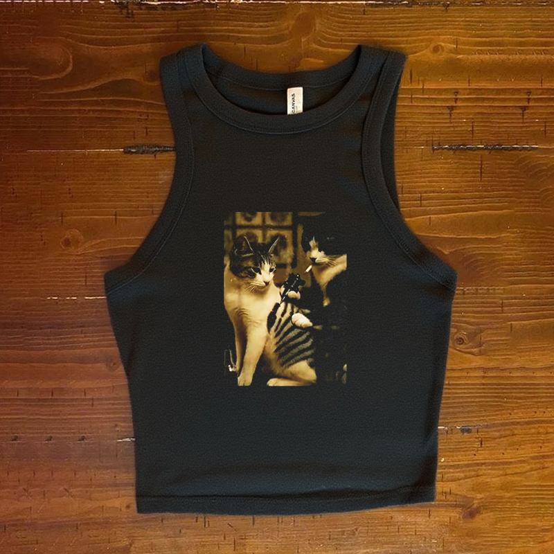 Retro Cat Tattoo Meme Tank Top-Teevibe
