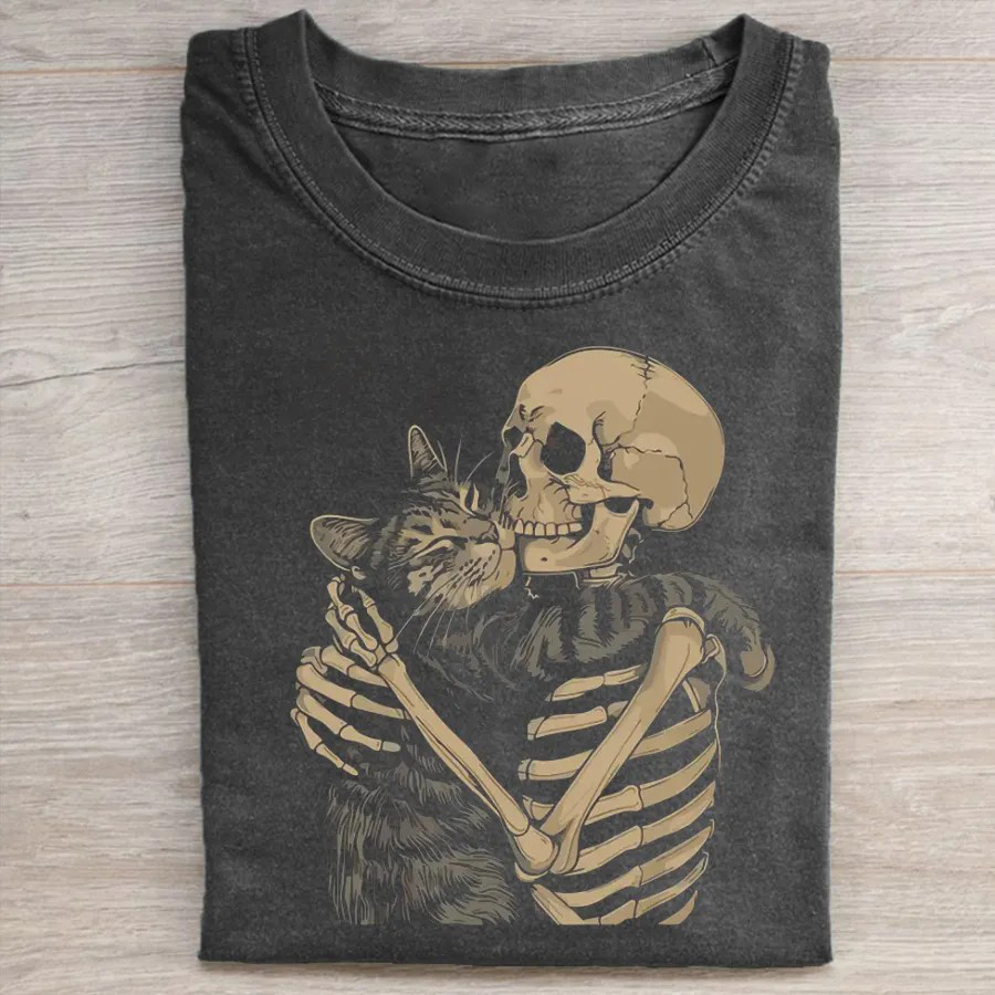 Skeleton Hugging Cat T-shirt-Teevibe