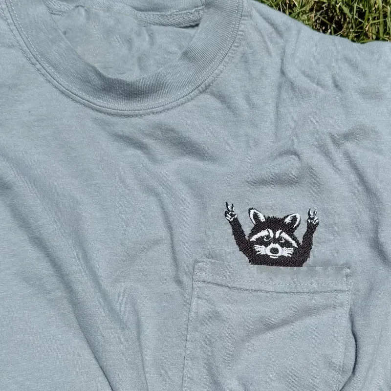Raccoon Pocket Embroidered T-shirt-Teevibe