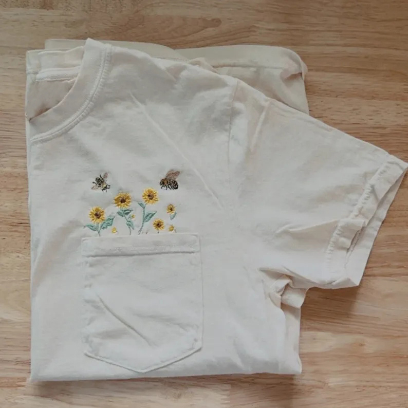 Embroidered Bee and Sunflower Pullover T-shirt-Teevibe