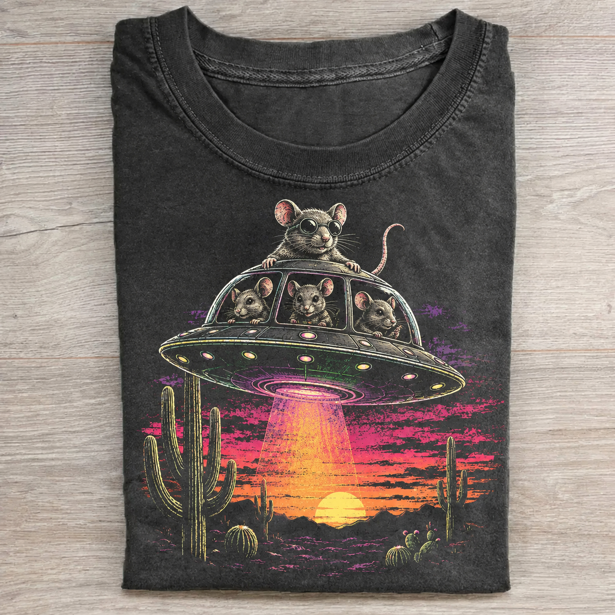 Retro UFO Mice Desert Cactus Vintage Graphic T-Shirt