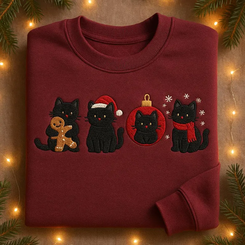 Christmas Black Cats Embroidered Sweatshirt-Teevibe
