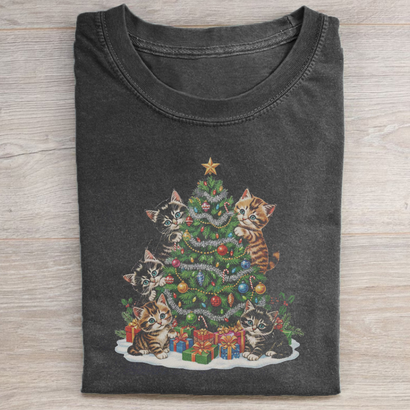 90's Cat Christmas Tree T-shirt-Teevibe