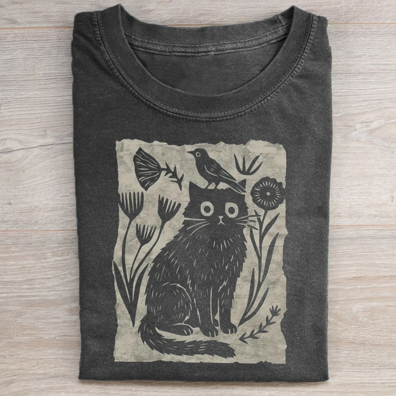 Folk Art Floral Cat and Bird T-shirt-Teevibe