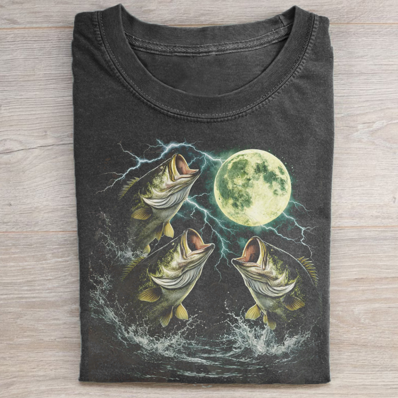 Bass Fish Moon 90s Vintage T-shirt-Teevibe