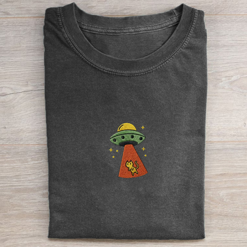 Funny UFO Cat Embroidered T-shirt-Teevibe
