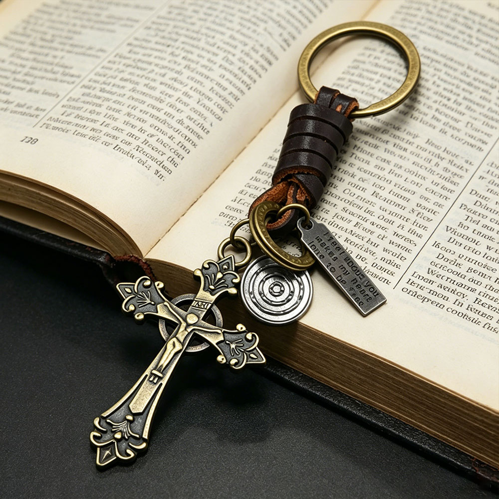 Vintage Cross Leather Christian Keychain-Teevibe