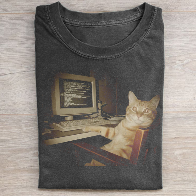 Retro Computer Cat T-shirt-Teevibe