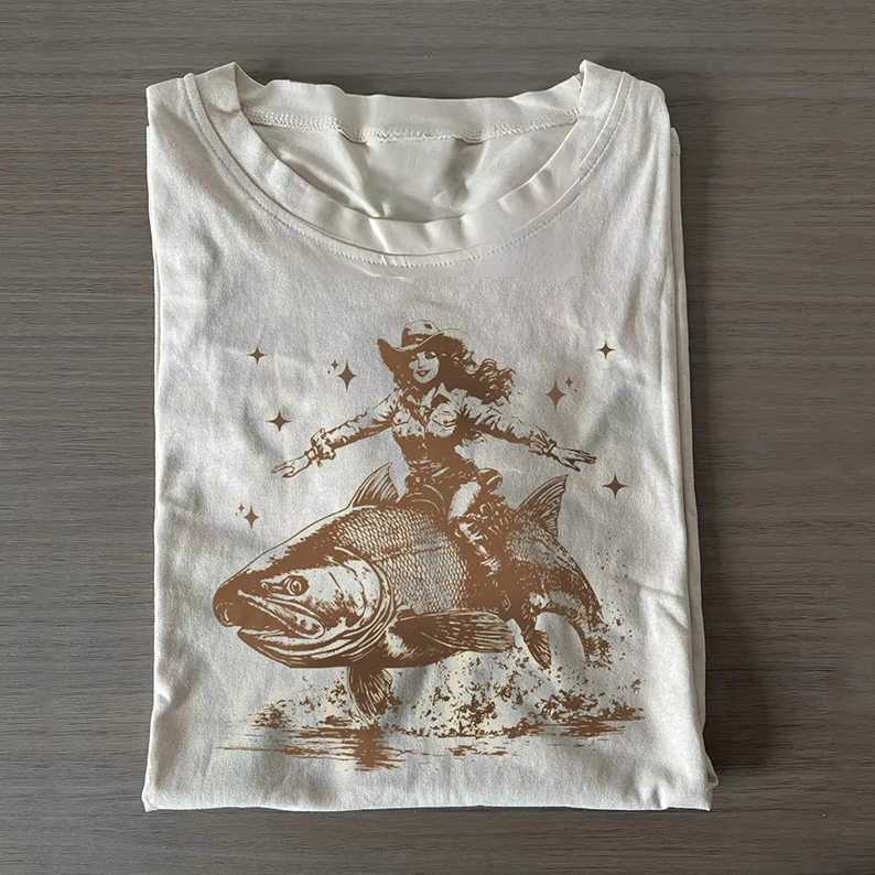 Cowgirl Riding A Fish Tattoo Vintage T-shirt-Teevibe