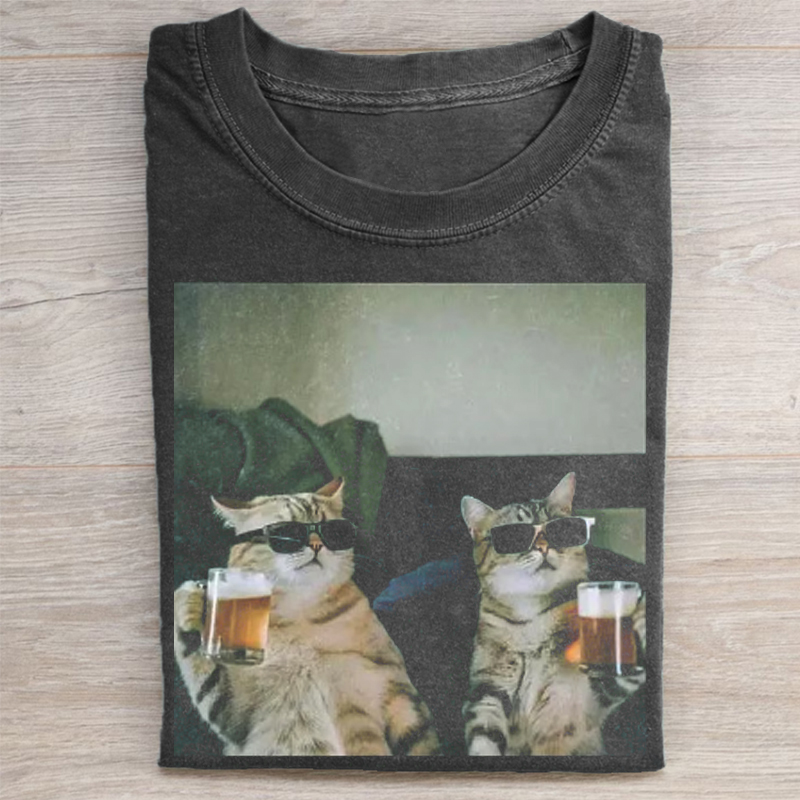 Cool Cat Drinking Bee T-Shirt-Teevibe