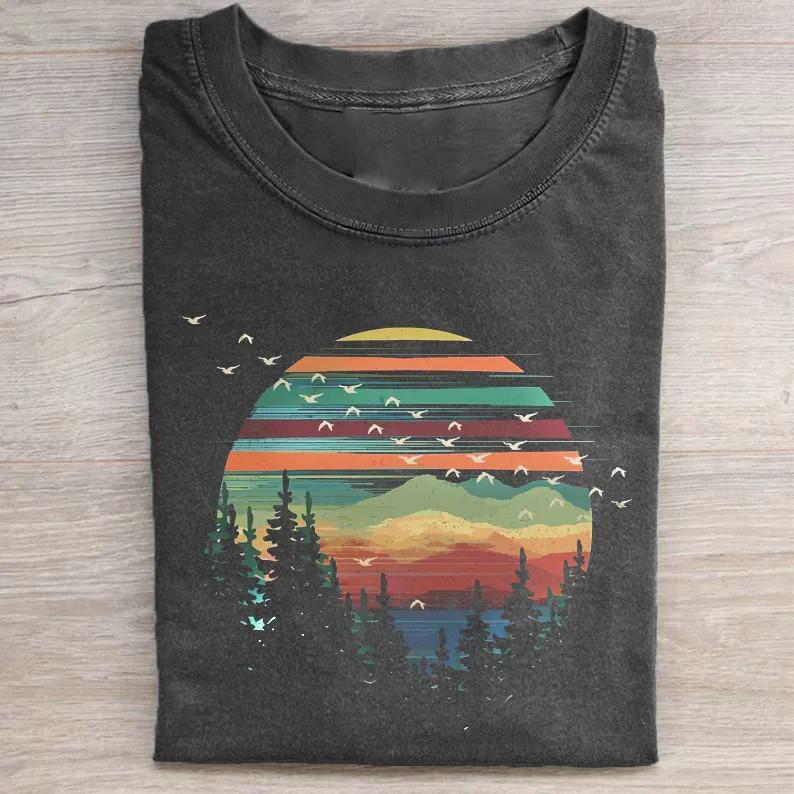 Retro Pine Trees Sunset T-shirt-Teevibe