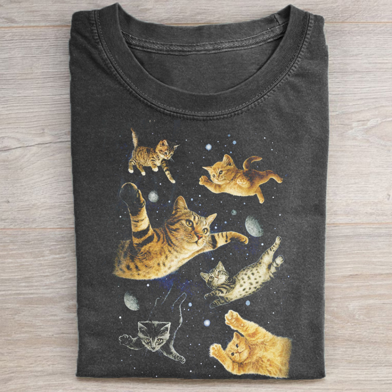 Cats In Galaxy Space Vintage T-shirt-Teevibe