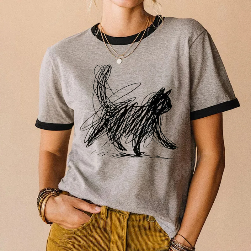 Vintage Cat Line Abstract Art T-shirt-Teevibe