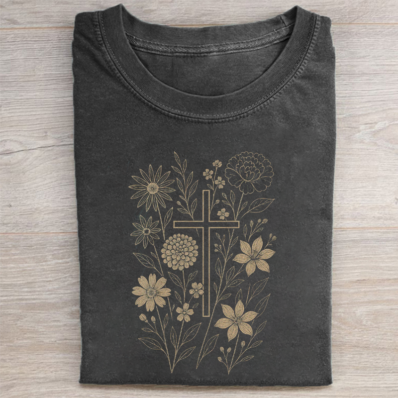 Floral Cross Christian T-shirt-Teevibe