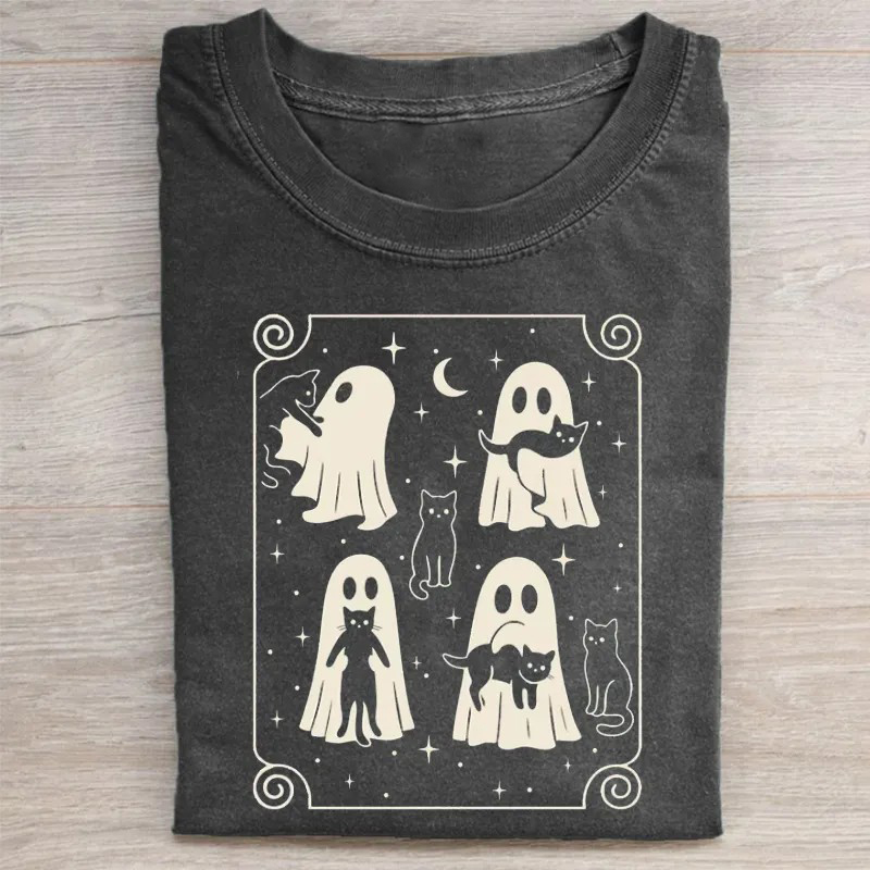 Cute Ghost & Cat Halloween T-shirt-Teevibe