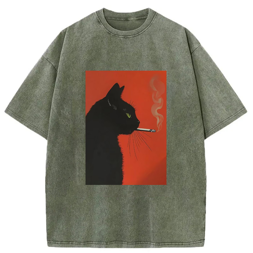 Black Cat Smoking A Cigarette Vintage Washed Unisex T-Shirt-Teevibe
