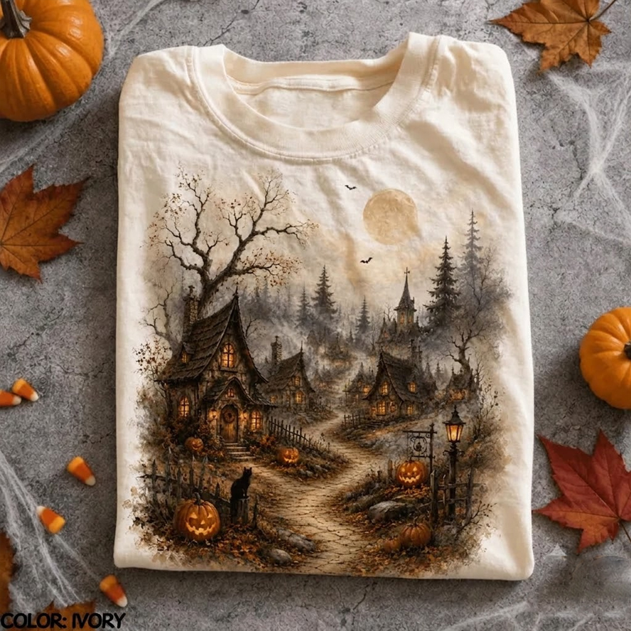 Cozy Haunted Village Halloween T-shirt-Teevibe