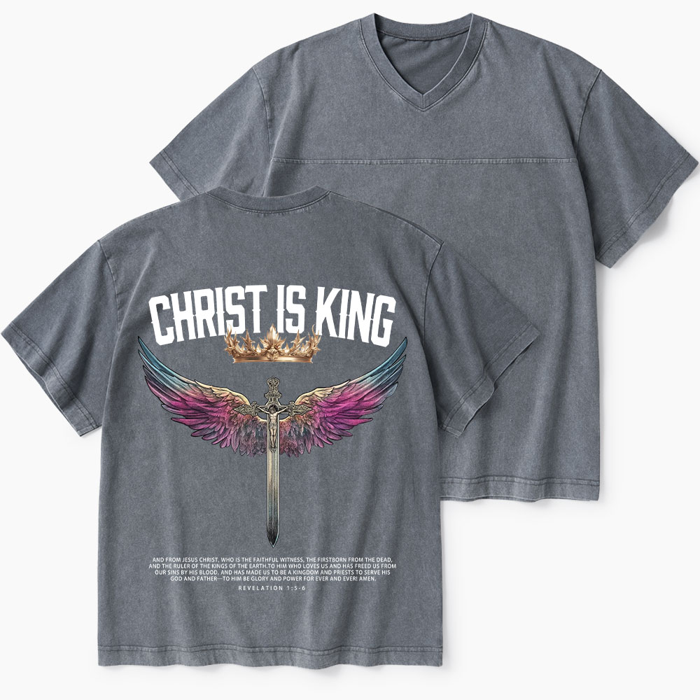 Christ Is King Christian Washed V-Neck T-Shirt-Teevibe