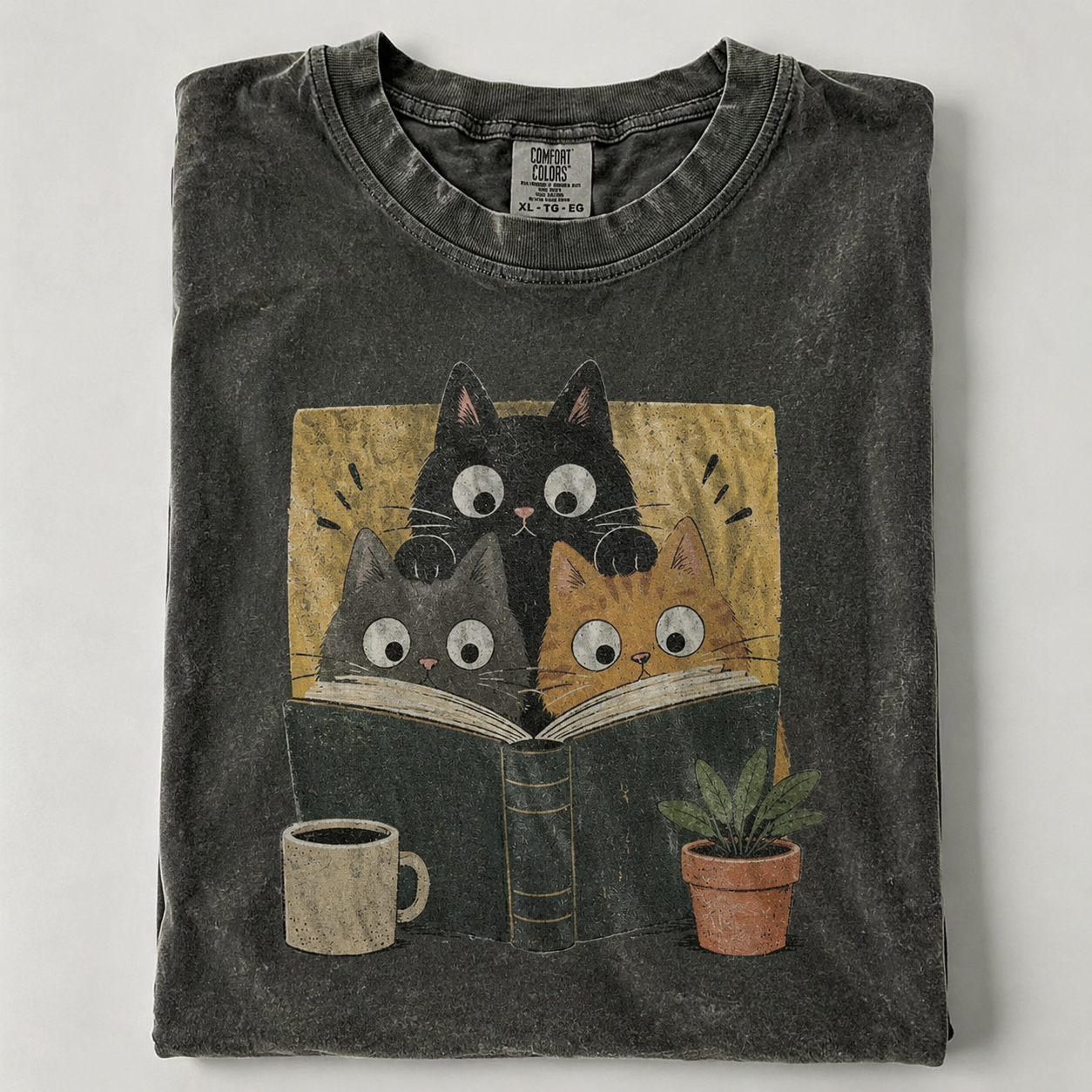 Cozy Book Club Cats Vintage Graphic T-Shirt