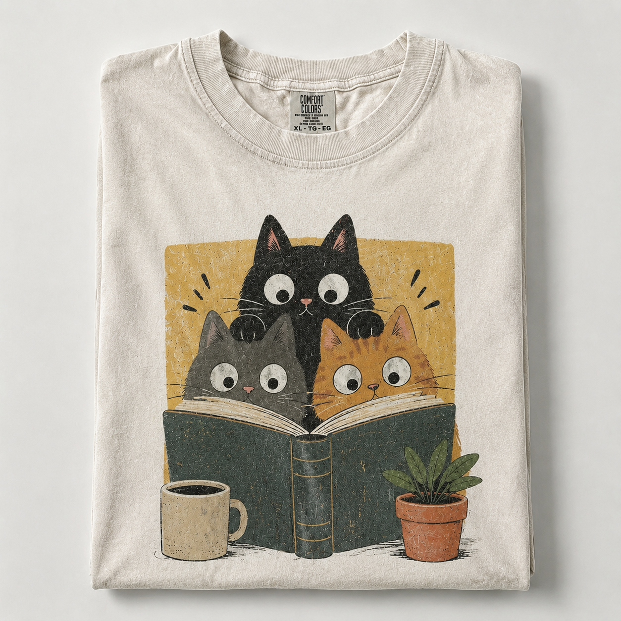 Cozy Book Club Cats Vintage Graphic T-Shirt