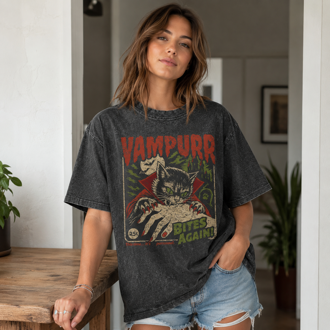 Vampurr Bites Again Vintage Washed Cat T-Shirt