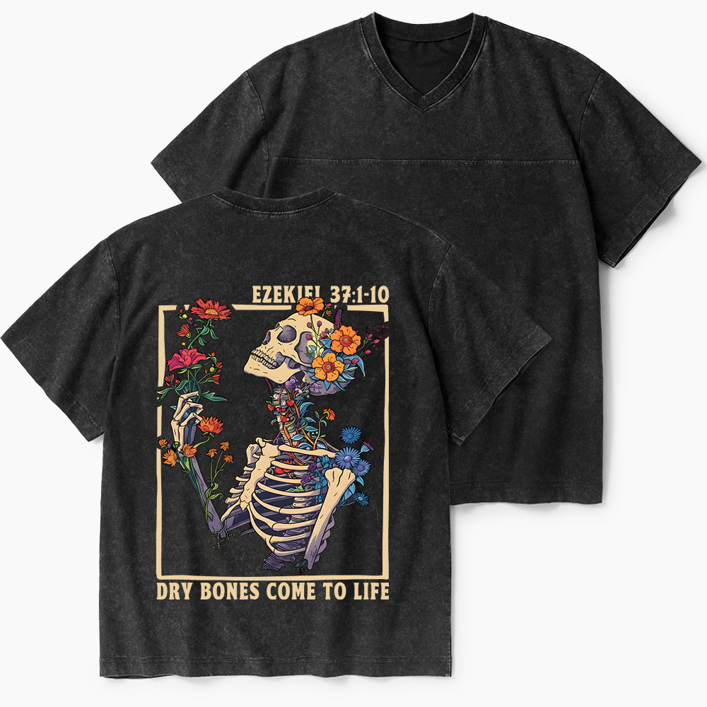 Dry Bones Come To Life Christian Washed V-Neck T-Shirt-Teevibe