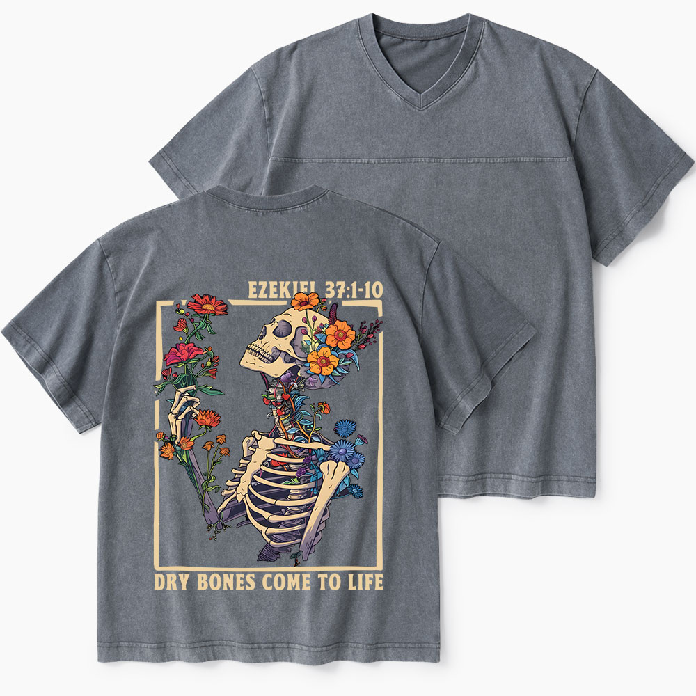 Dry Bones Come To Life Christian Washed V-Neck T-Shirt-Teevibe