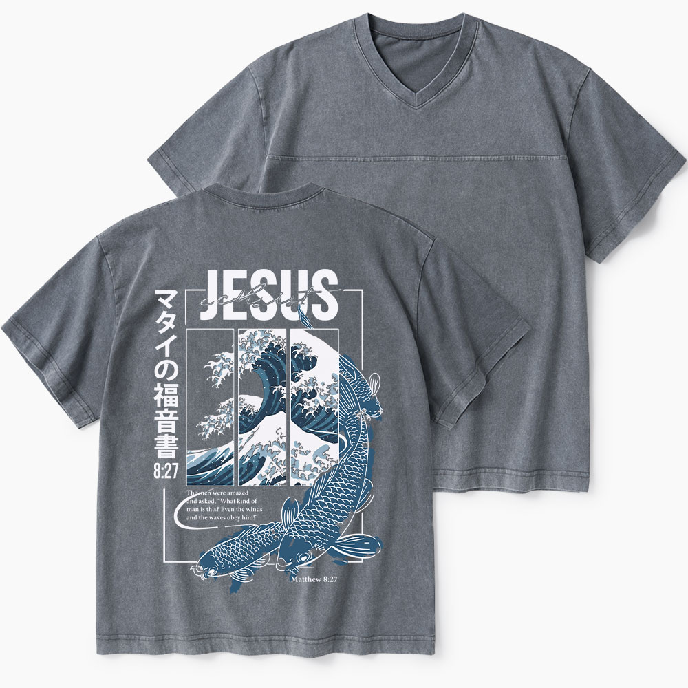 Even The Winds And The Waves Obey Him Christian Washed V-Neck T-Shirt-Teevibe
