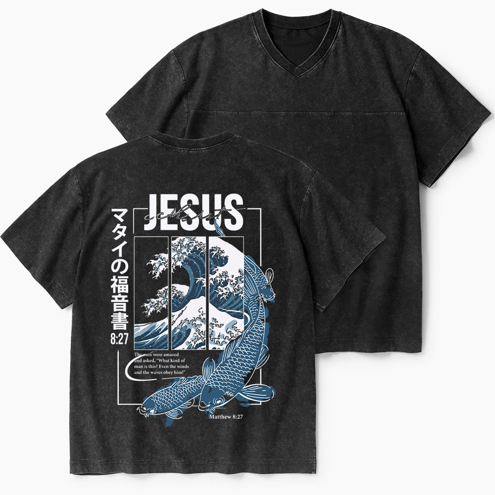 Even The Winds And The Waves Obey Him Christian Washed V-Neck T-Shirt-Teevibe