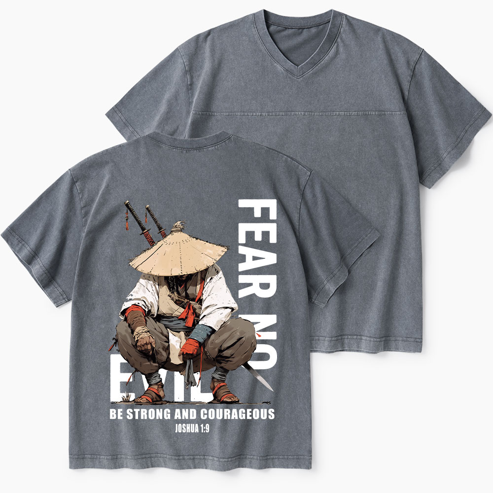 Fear No Evil Christian Washed V-Neck T-Shirt-Teevibe