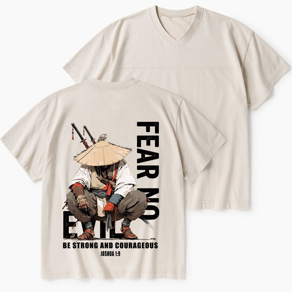 Fear No Evil Christian Washed V-Neck T-Shirt-Teevibe