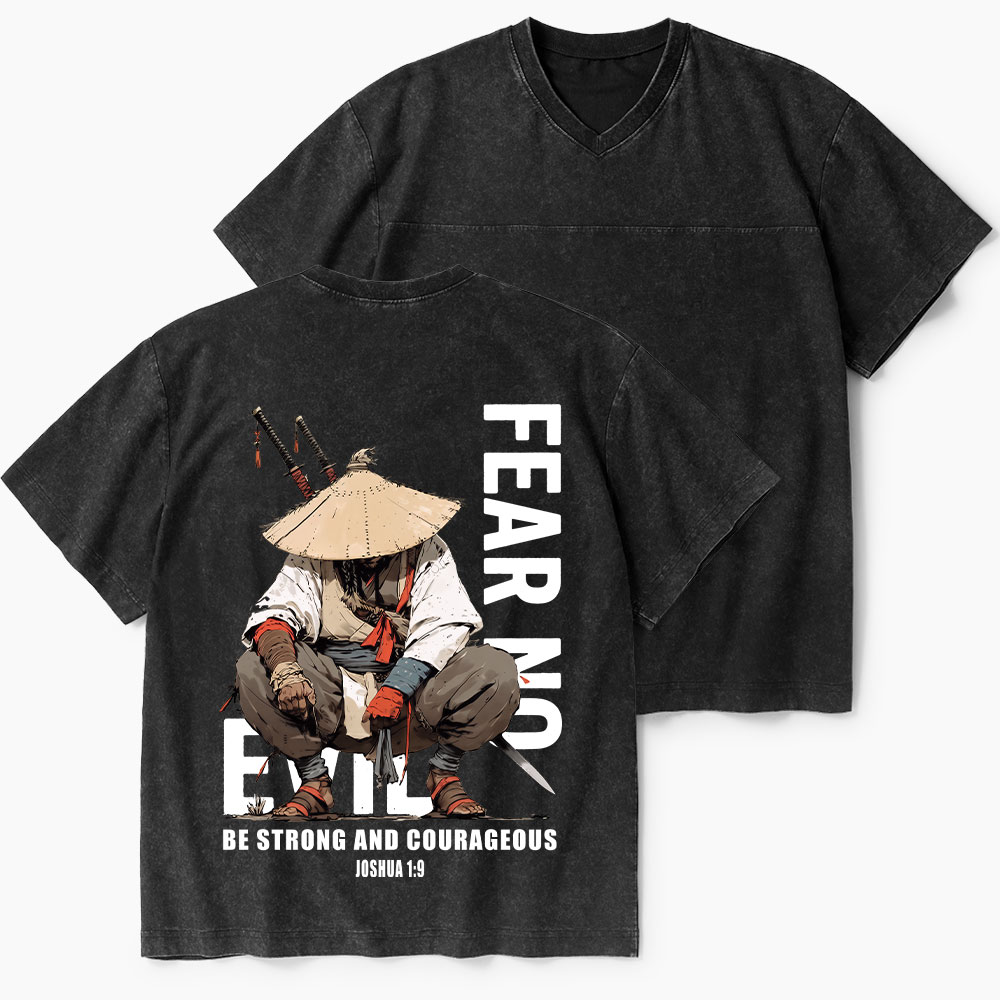 Fear No Evil Christian Washed V-Neck T-Shirt-Teevibe