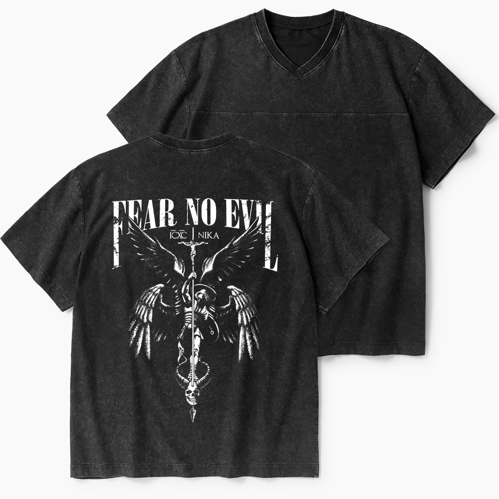 Fear No Evil Christian Washed V-Neck T-Shirt-Teevibe